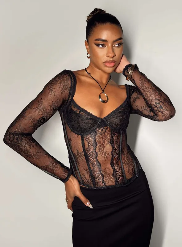 Some Like It Hot Long Sleeve Lace Corset Black sold by Princess Polly