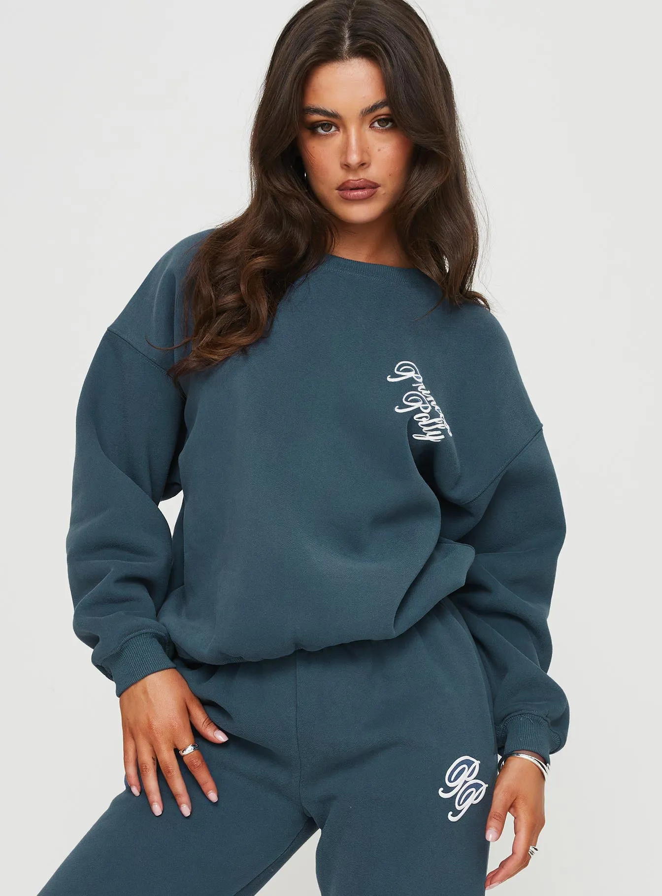 Princess Polly Crew Neck Sweatshirt Cursive Text Navy / White sold by Princess Polly product image thumbnail 2