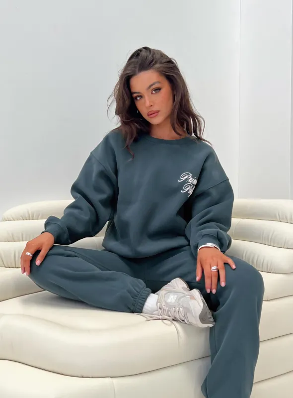 Princess Polly Crew Neck Sweatshirt Cursive Text Navy / White sold by Princess Polly