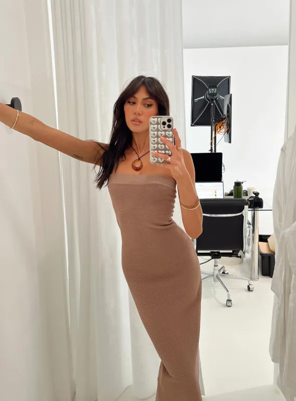 Vista Strapless Midi Dress Brown sold by Princess Polly