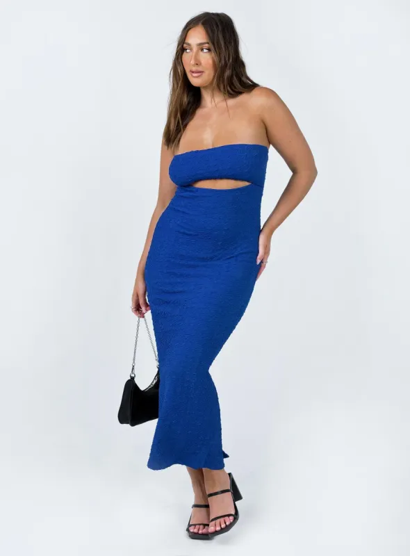 Talena Strapless Midi Dress Blue sold by Princess Polly