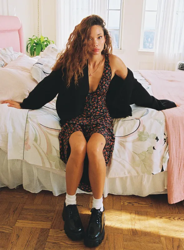 Bareena Bias Cut Maxi Dress Black / Red Floral sold by Princess Polly