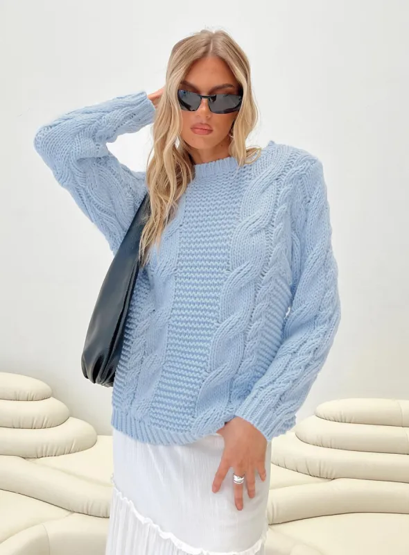 Ellison Cable Knit Sweater Light Blue sold by Princess Polly