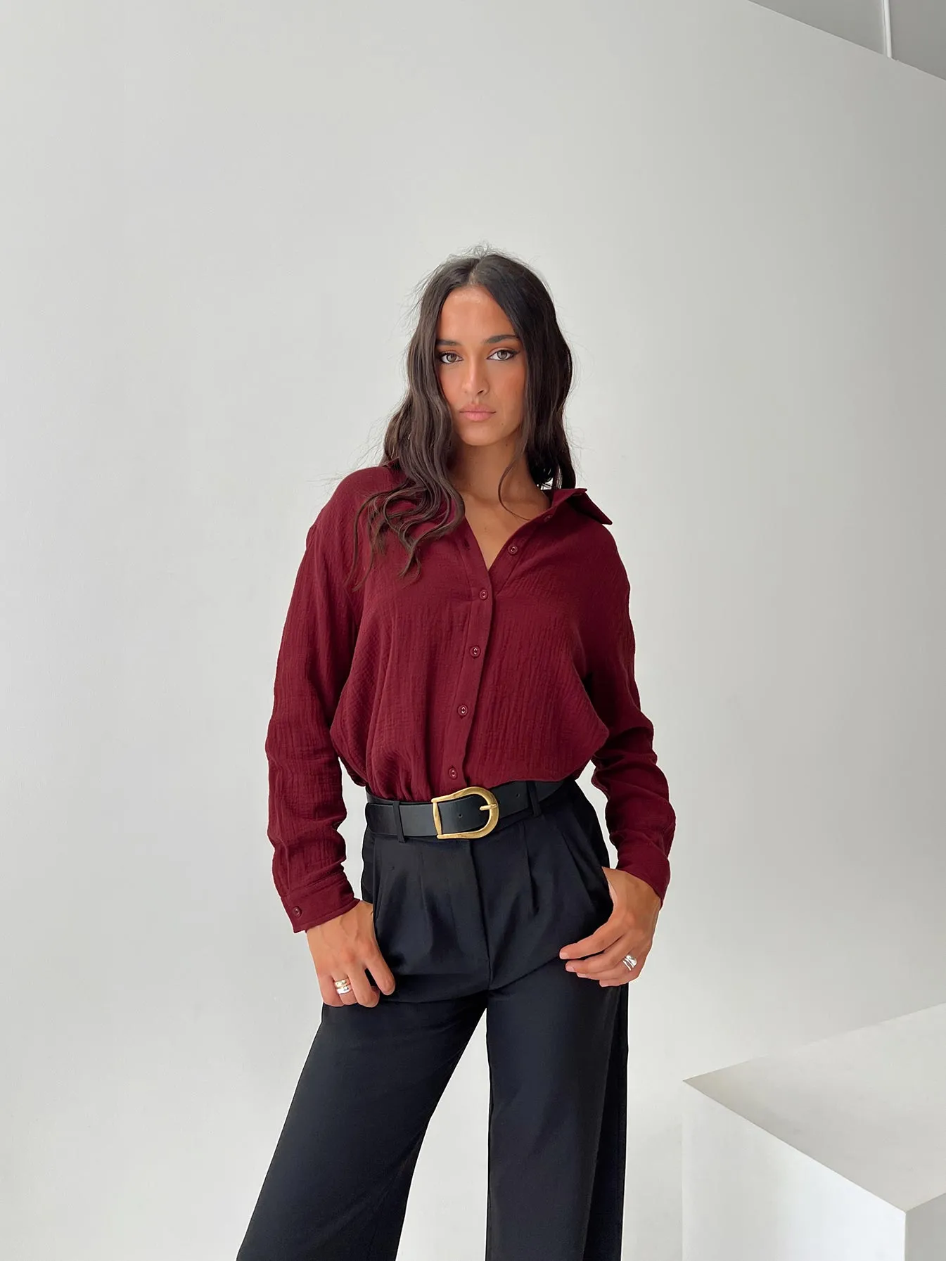 Mahalia Shirt Burgundy sold by Princess Polly