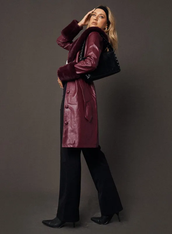 Brooklyn Faux Leather Longline Coat Burgundy sold by Princess Polly