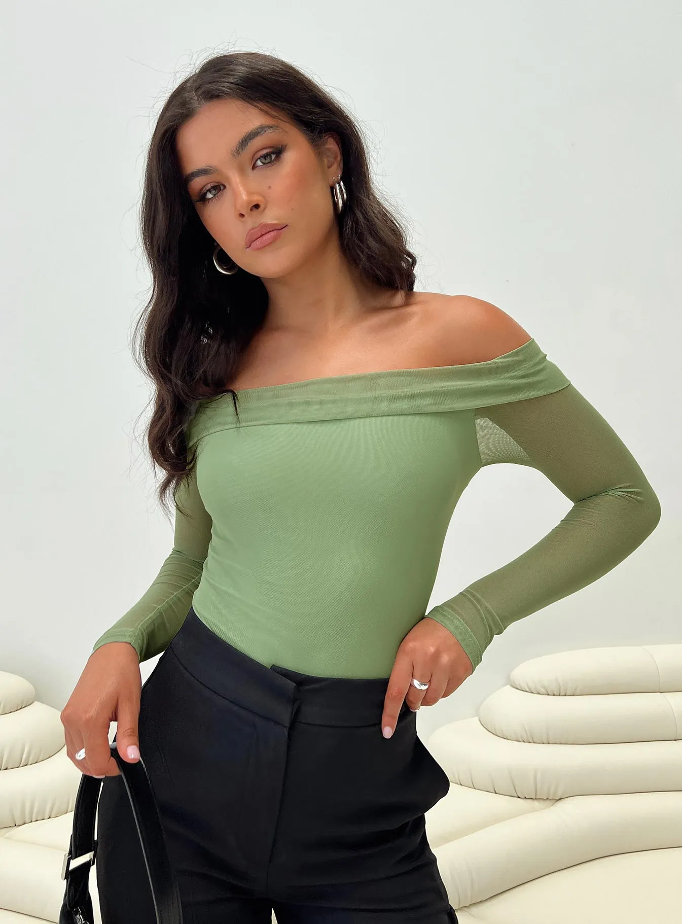 Doza Off The Shoulder Bodysuit Green sold by Princess Polly