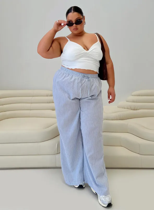 Holiday Tie Front Pant Blue / White Stripe Curve sold by Princess Polly