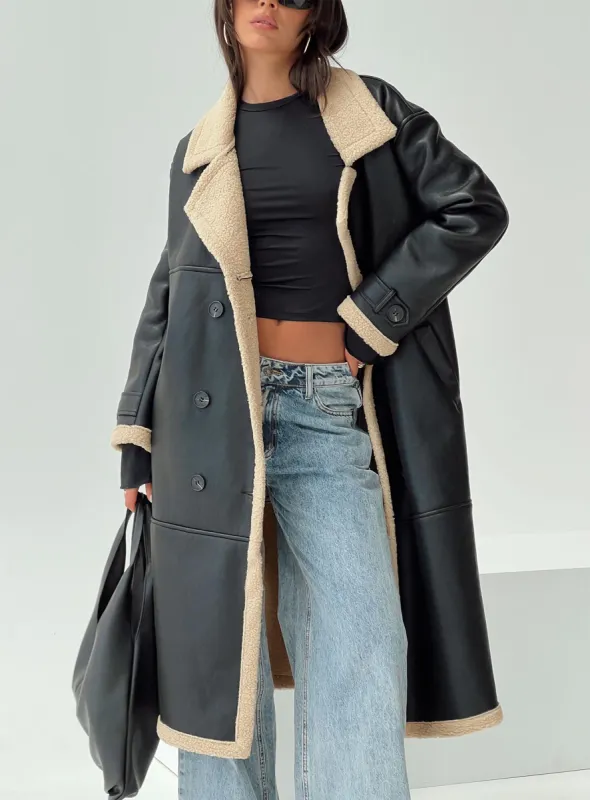 Day 'n' Night Longline Shearling Coat Black made by Princess Polly