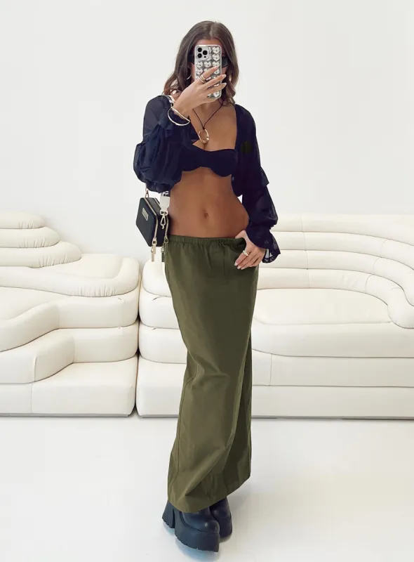 Geneve Maxi Skirt Olive Green sold by Princess Polly