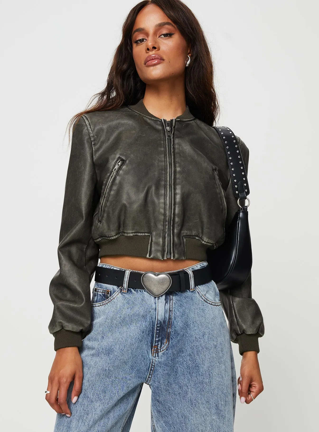 Allure Faux Leather Bomber Jacket Charcoal sold by Princess Polly product image thumbnail 3