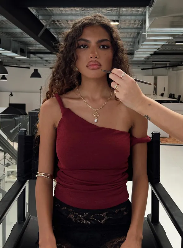 Messenger One Shoulder Top Burgundy sold by Princess Polly