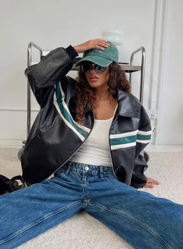 Goldsmith Faux Leather Bomber Jacket Black / Green sold by Princess Polly