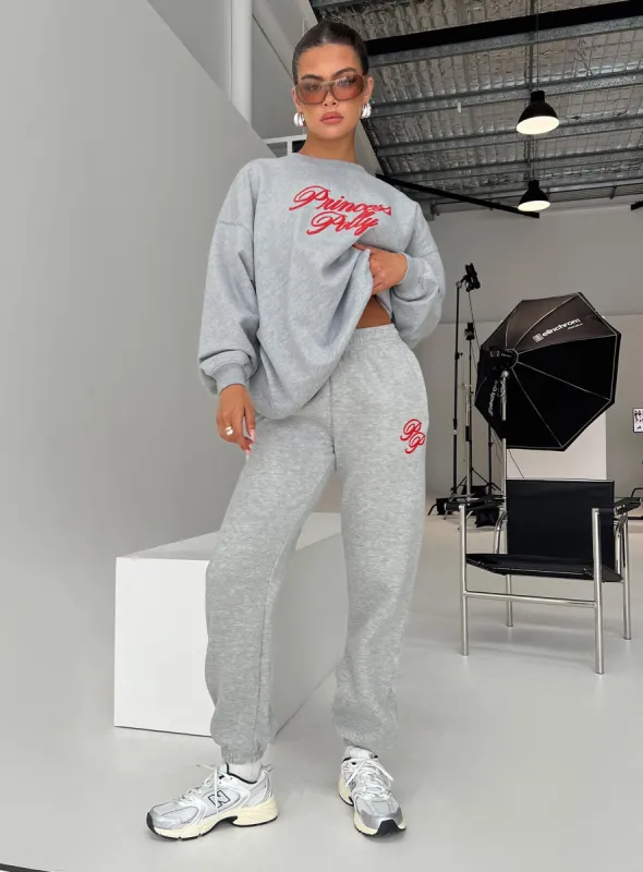 Princess Polly Track Pants Cursive Text Grey Marle/ Red sold by Princess Polly