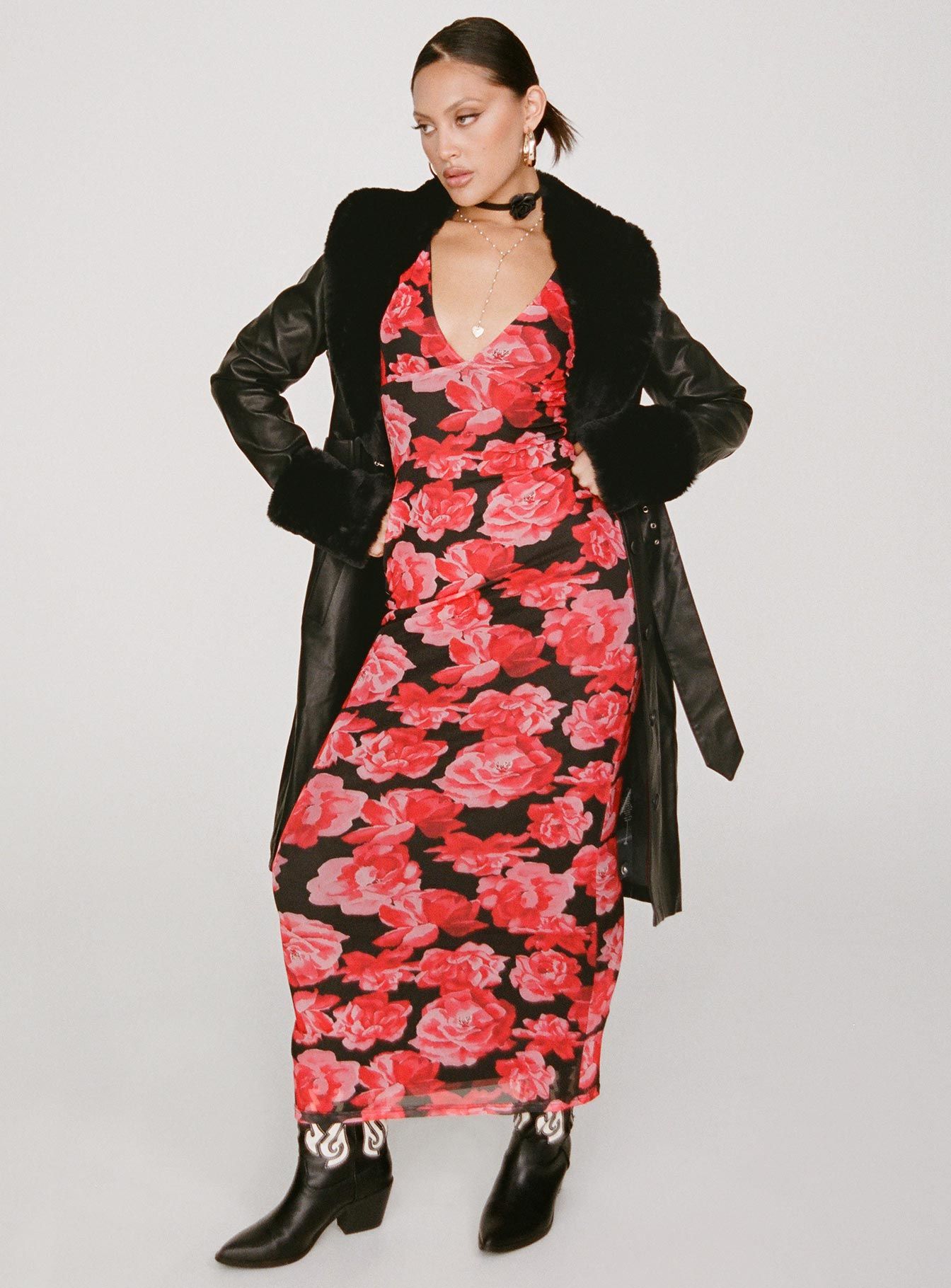 Lauers Maxi Dress Red Floral / Black sold by Princess Polly