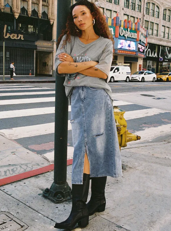 Belsie Midi Skirt Light Wash Denim sold by Princess Polly