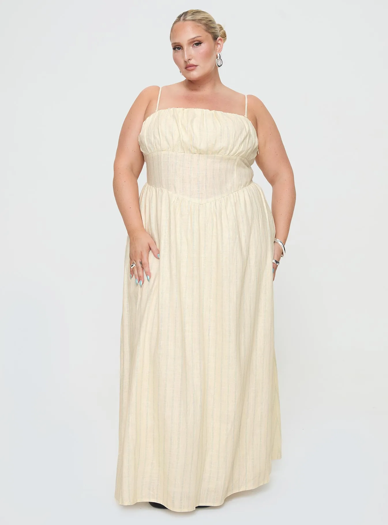 Slow Dance Linen Blend Maxi Dress Cream / Blue Curve sold by Princess Polly product image thumbnail 3