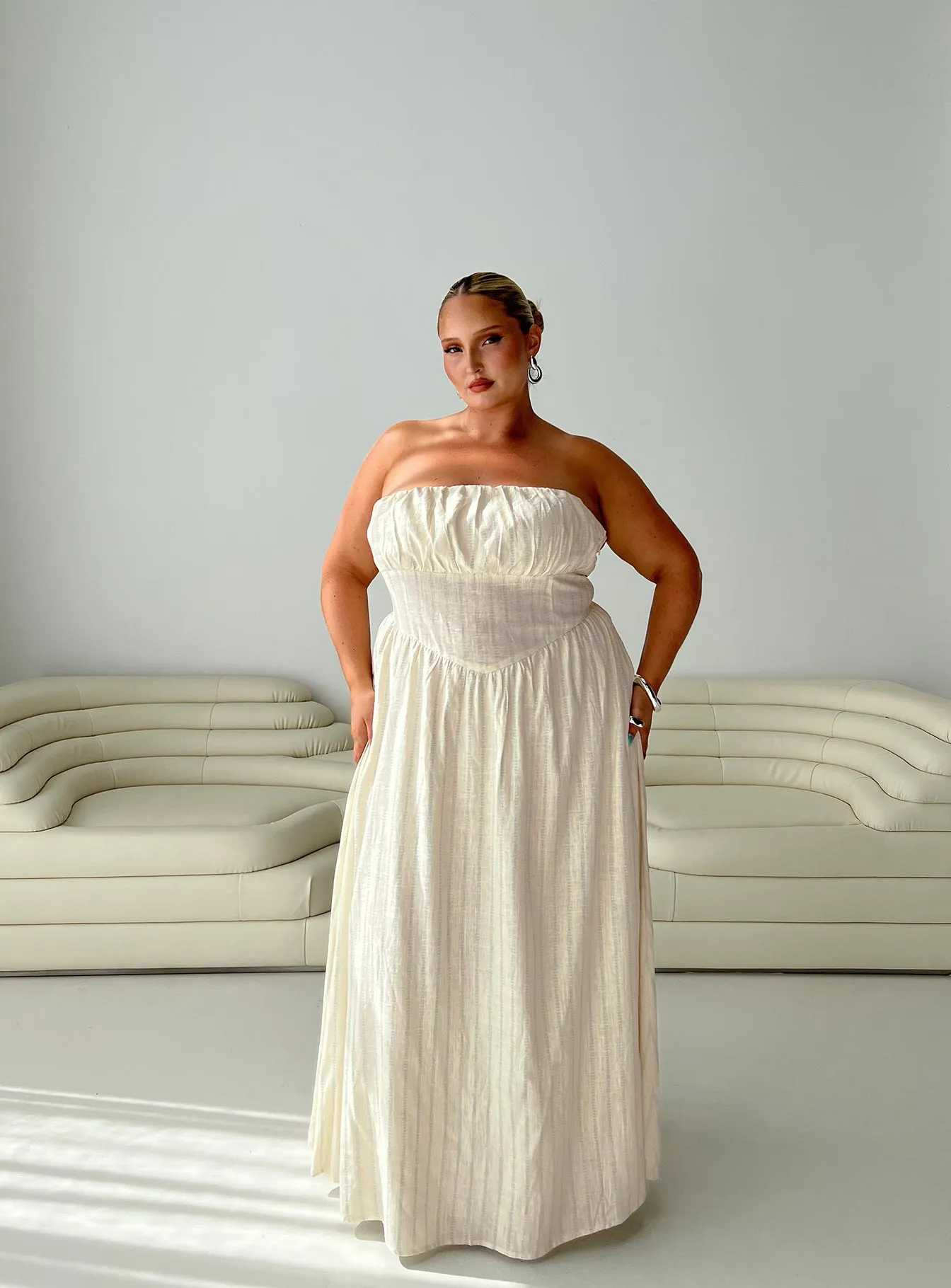Slow Dance Linen Blend Maxi Dress Cream / Blue Curve sold by Princess Polly