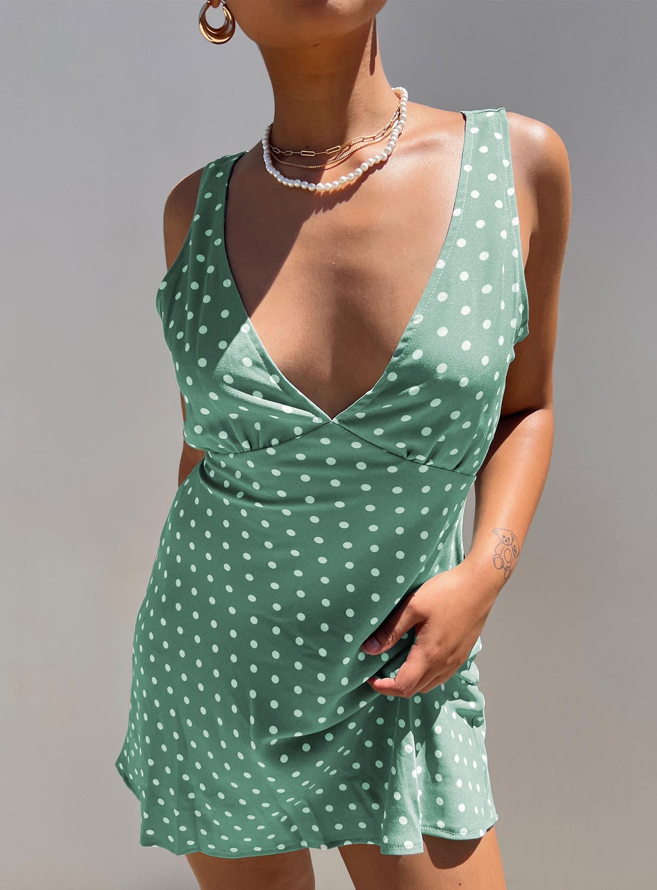 Nellie Mini Dress Green Polka Dot sold by Princess Polly