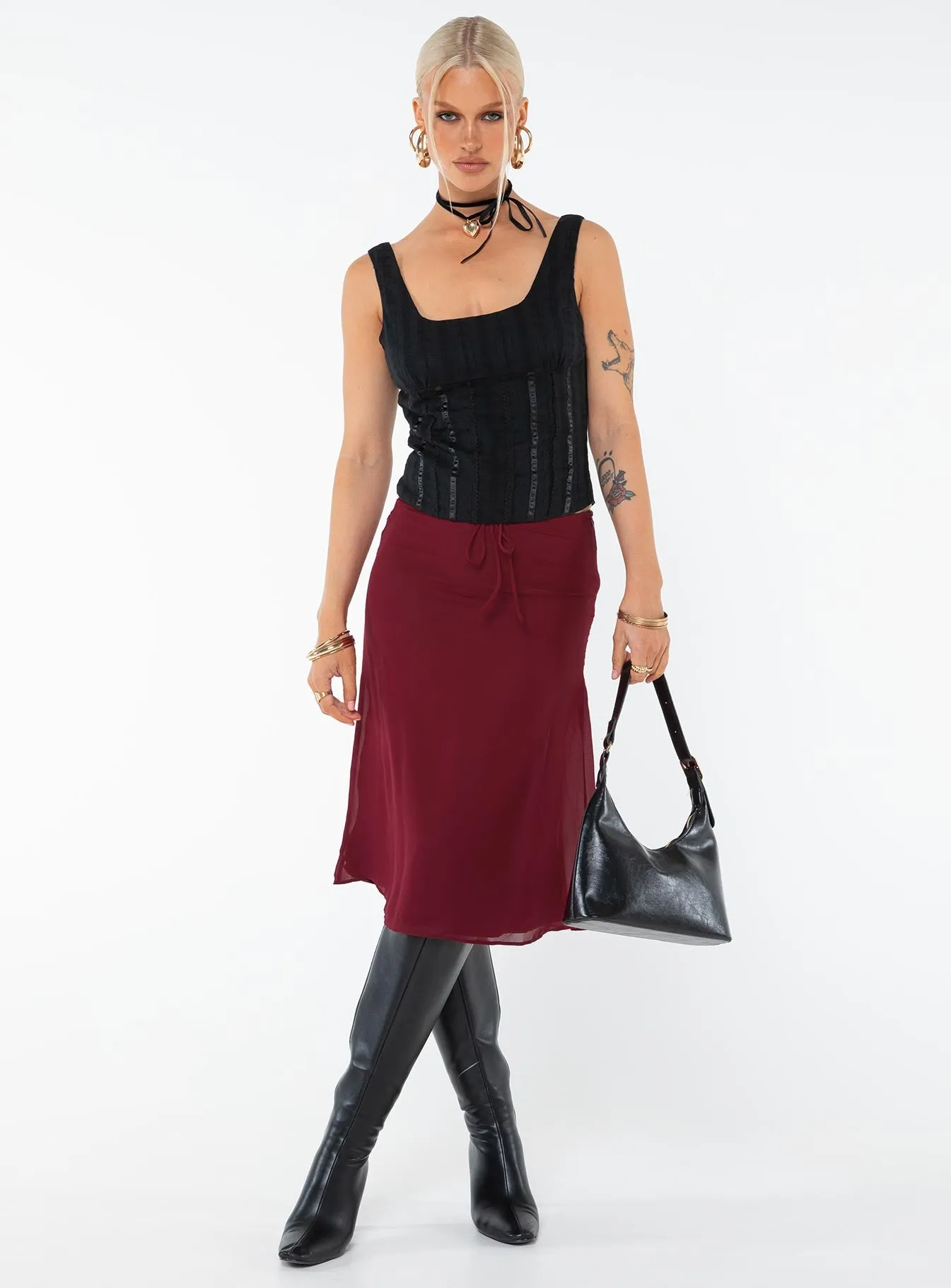 Delvie Midi Skirt Burgundy sold by Princess Polly product image thumbnail 3