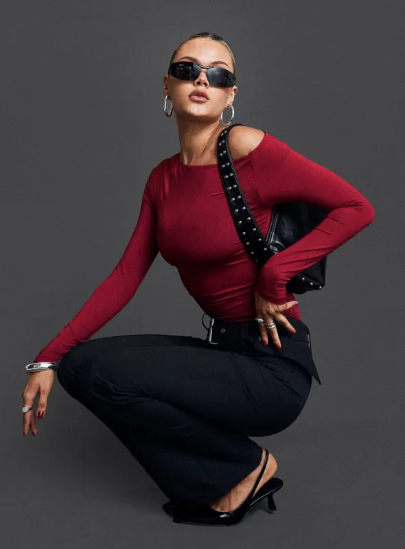 Spiller Off The Shoulder Top Burgundy sold by Princess Polly