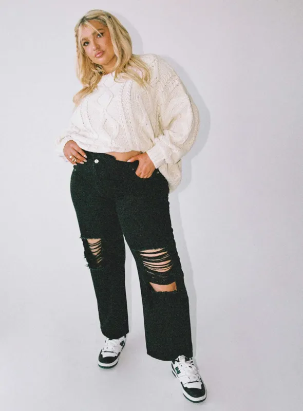 Holly Asymmetric Ripped Leg Jeans Black Denim Curve sold by Princess Polly