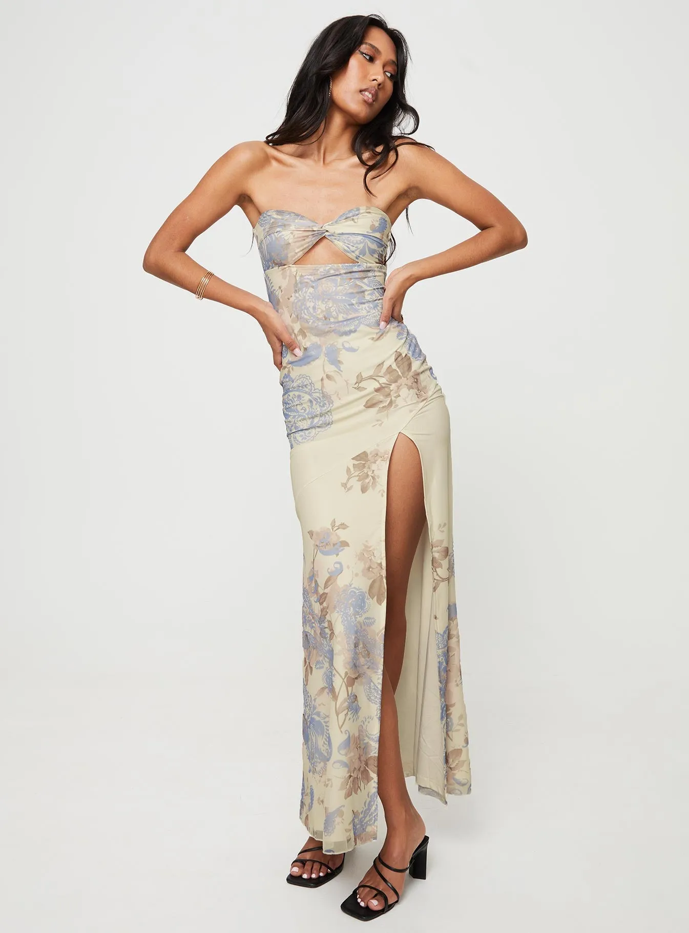 Kyanne High Split Maxi Dress Cream Multi sold by Princess Polly product image thumbnail 5