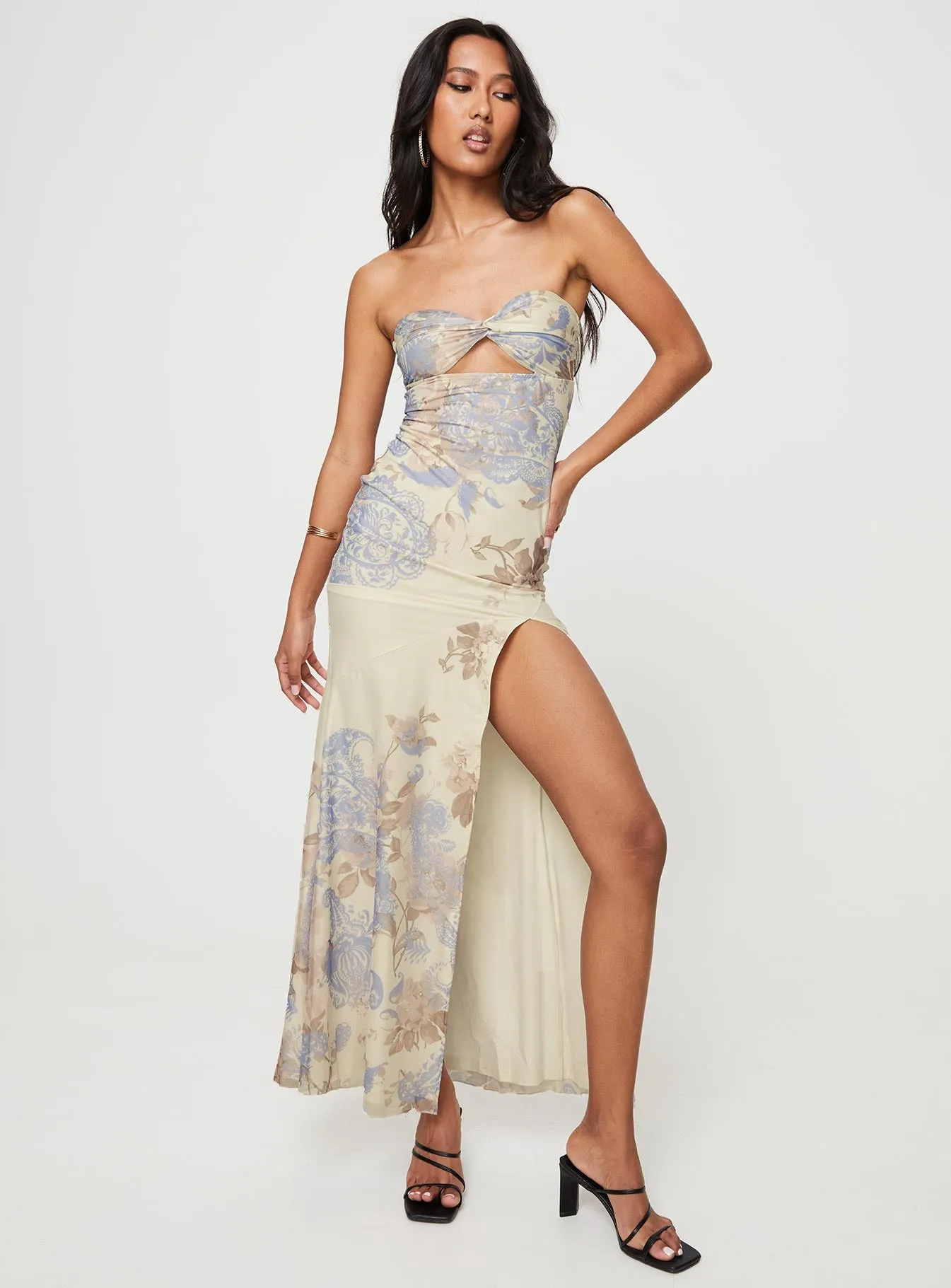 Kyanne High Split Maxi Dress Cream Multi sold by Princess Polly product image thumbnail 4