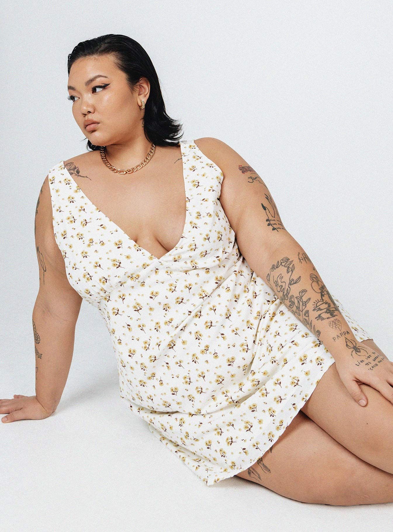 Nellie Mini Dress White / Yellow Floral Curve sold by Princess Polly