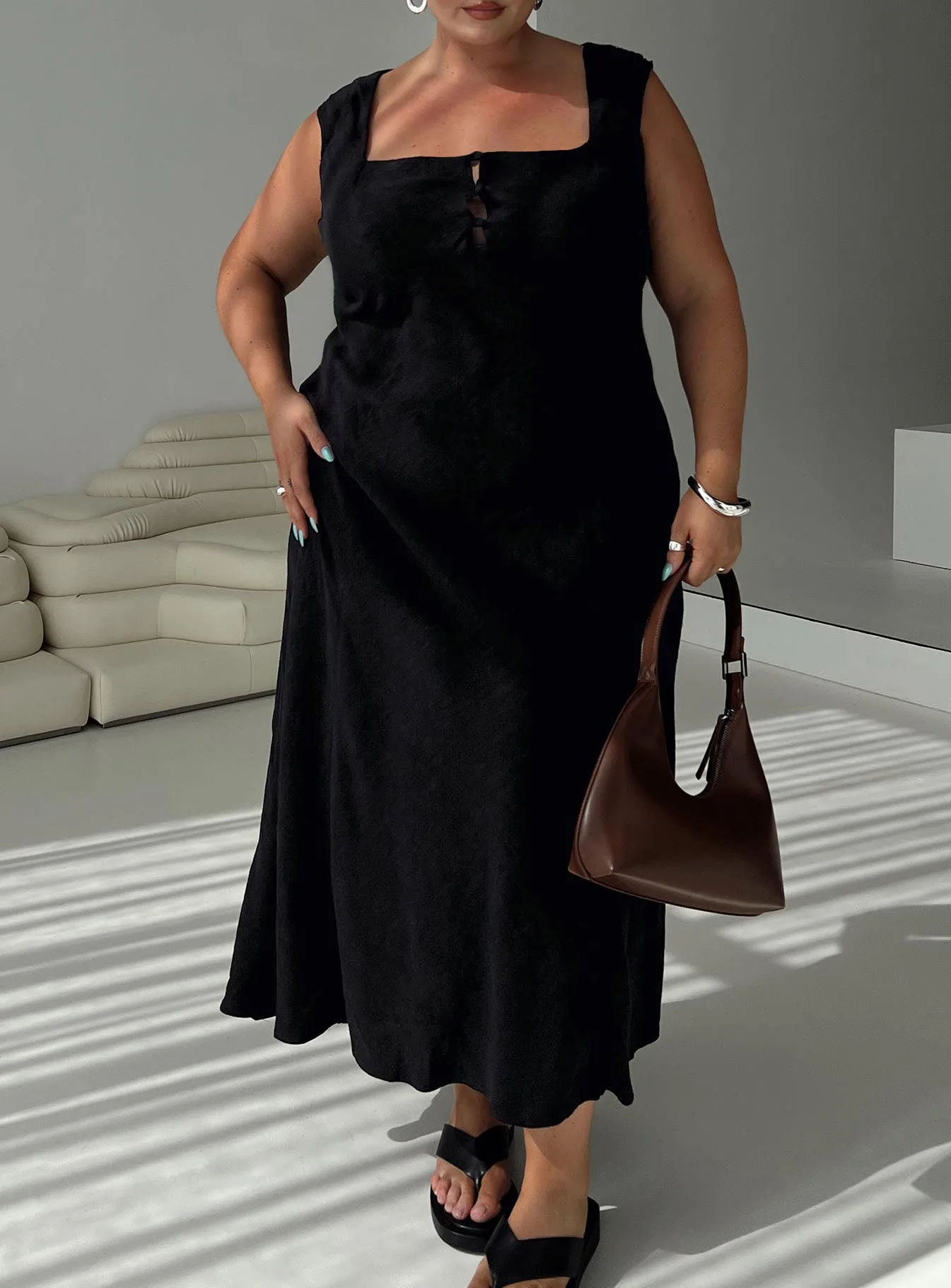 Chosen Girl Linen Blend Maxi Dress Black Curve sold by Princess Polly