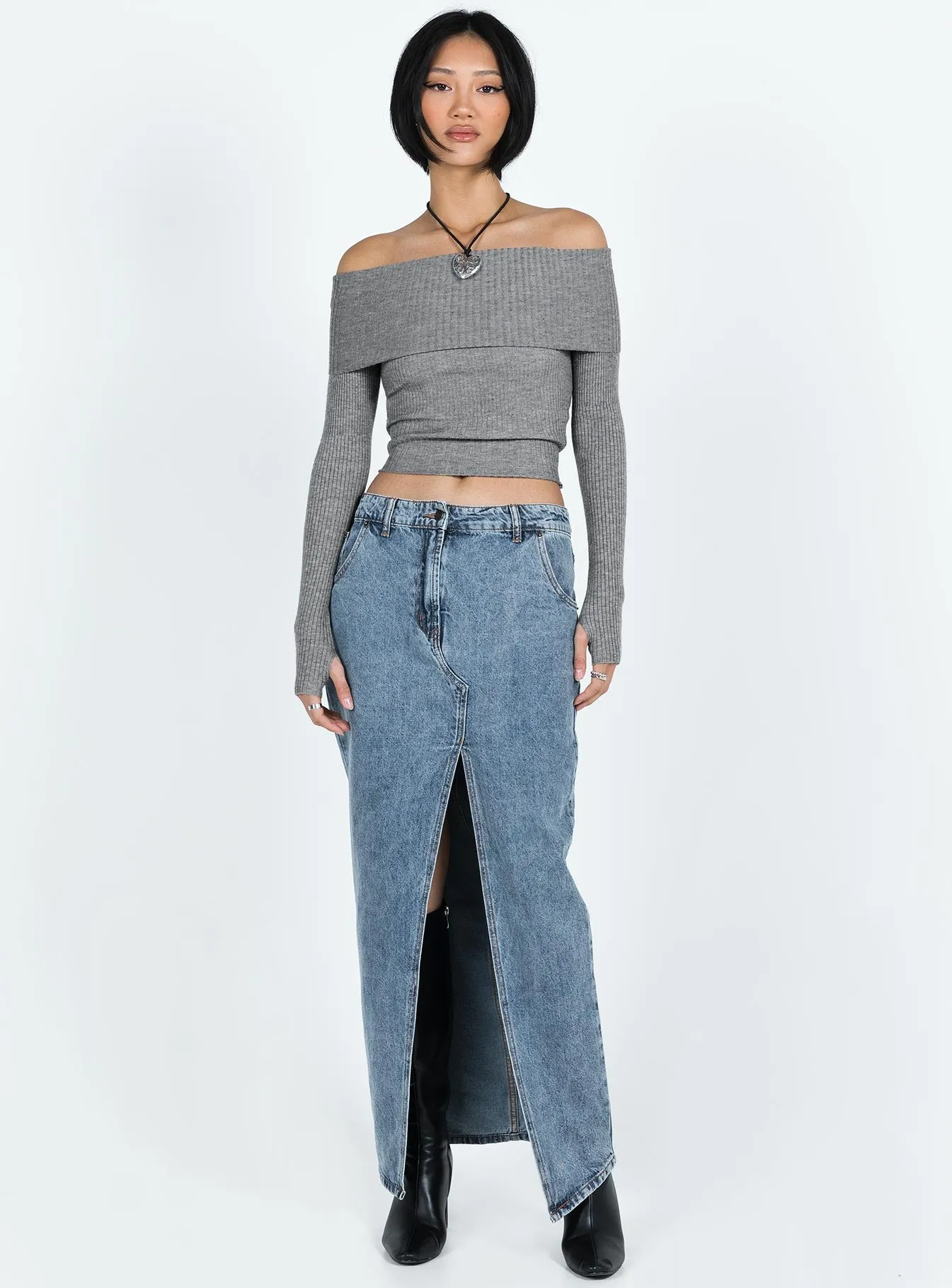 Morley Off Shoulder Sweater Grey Marle sold by Princess Polly product image thumbnail 3