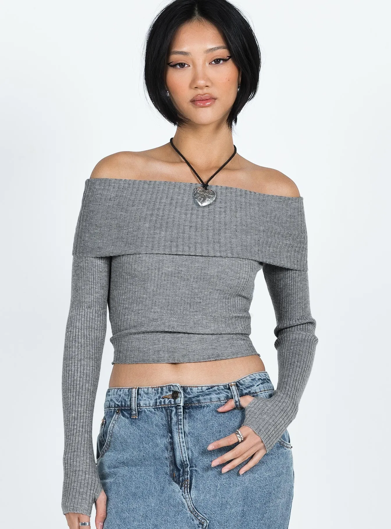 Morley Off Shoulder Sweater Grey Marle sold by Princess Polly product image thumbnail 2