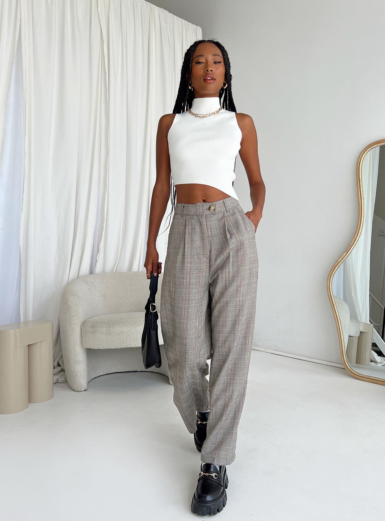 Vail Pants Beige Check sold by Princess Polly