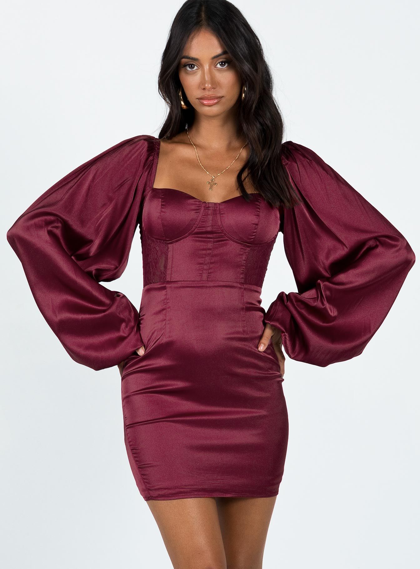 Karuah Long Sleeve Mini Dress Burgundy sold by Princess Polly product image thumbnail 3