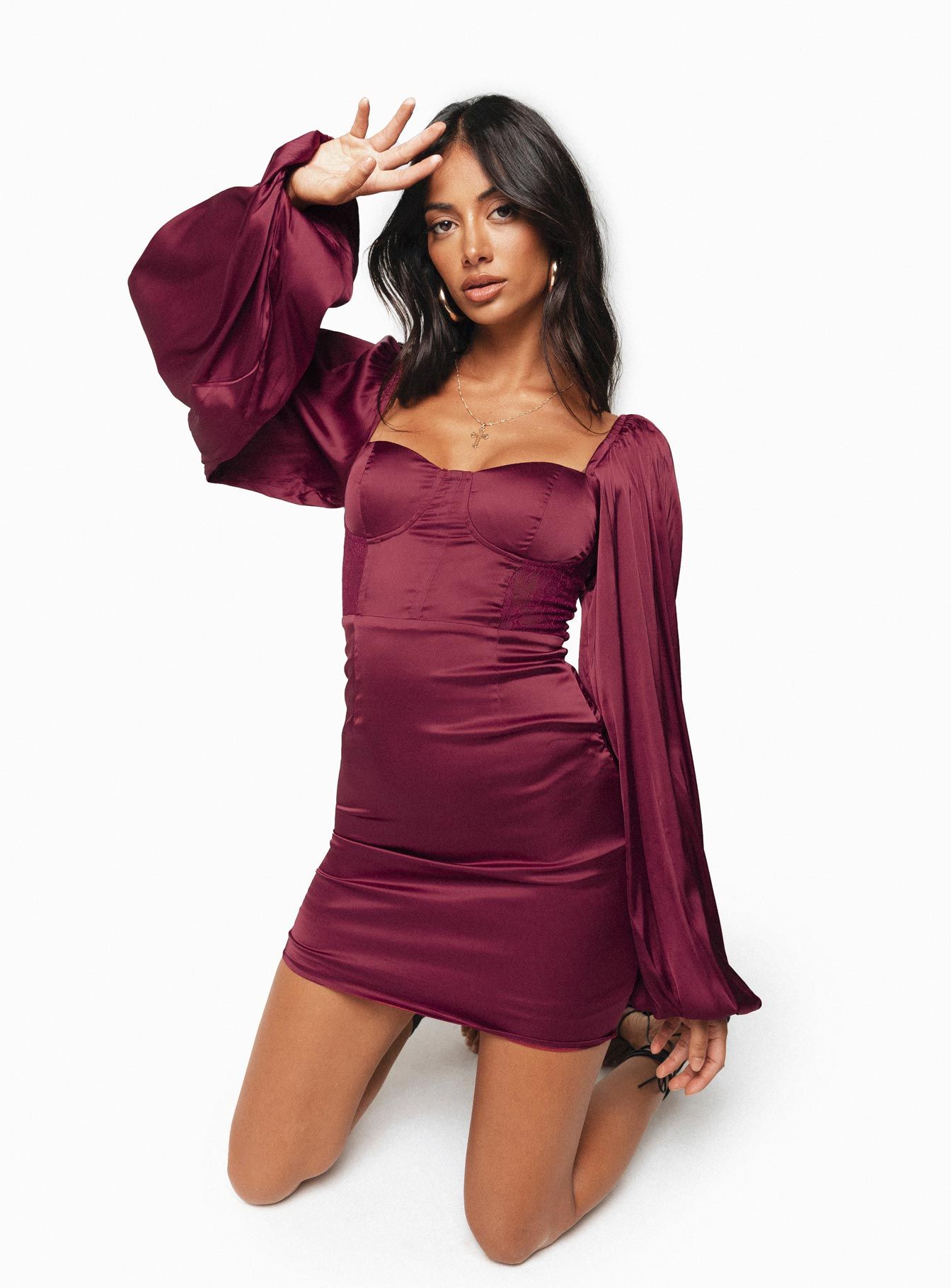 Karuah Long Sleeve Mini Dress Burgundy sold by Princess Polly