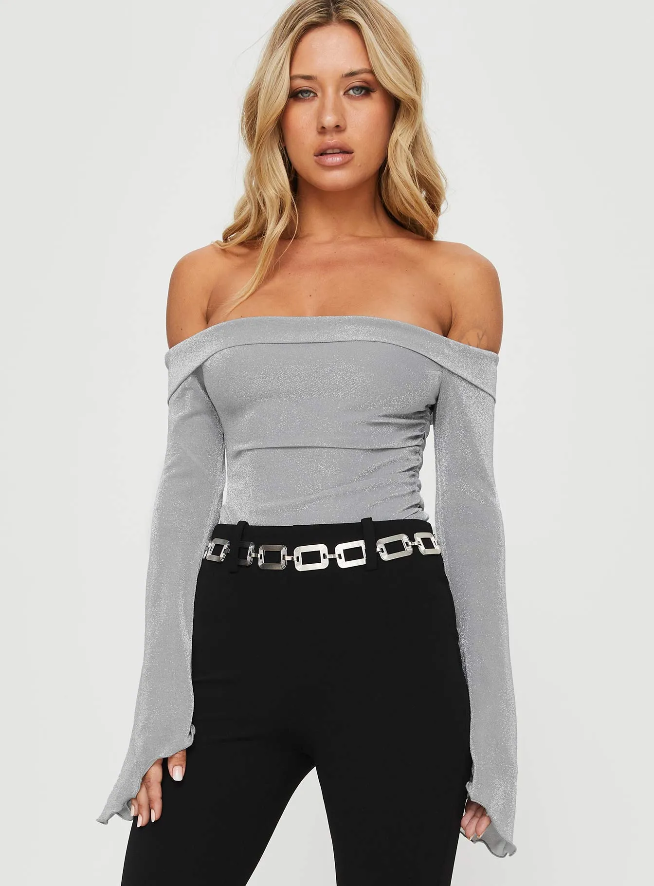 Tullo Off The Shoulder Bodysuit Grey sold by Princess Polly