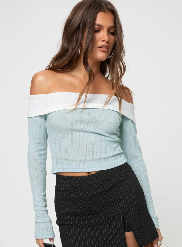 Lylan Off The Shoulder Top Blue sold by Princess Polly