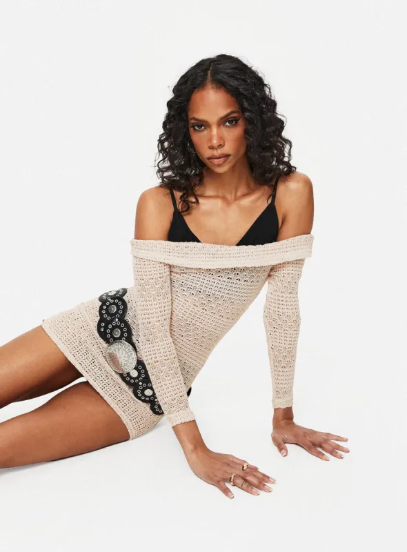 Harrien Off The Shoulder Mini Dress Beige sold by Princess Polly
