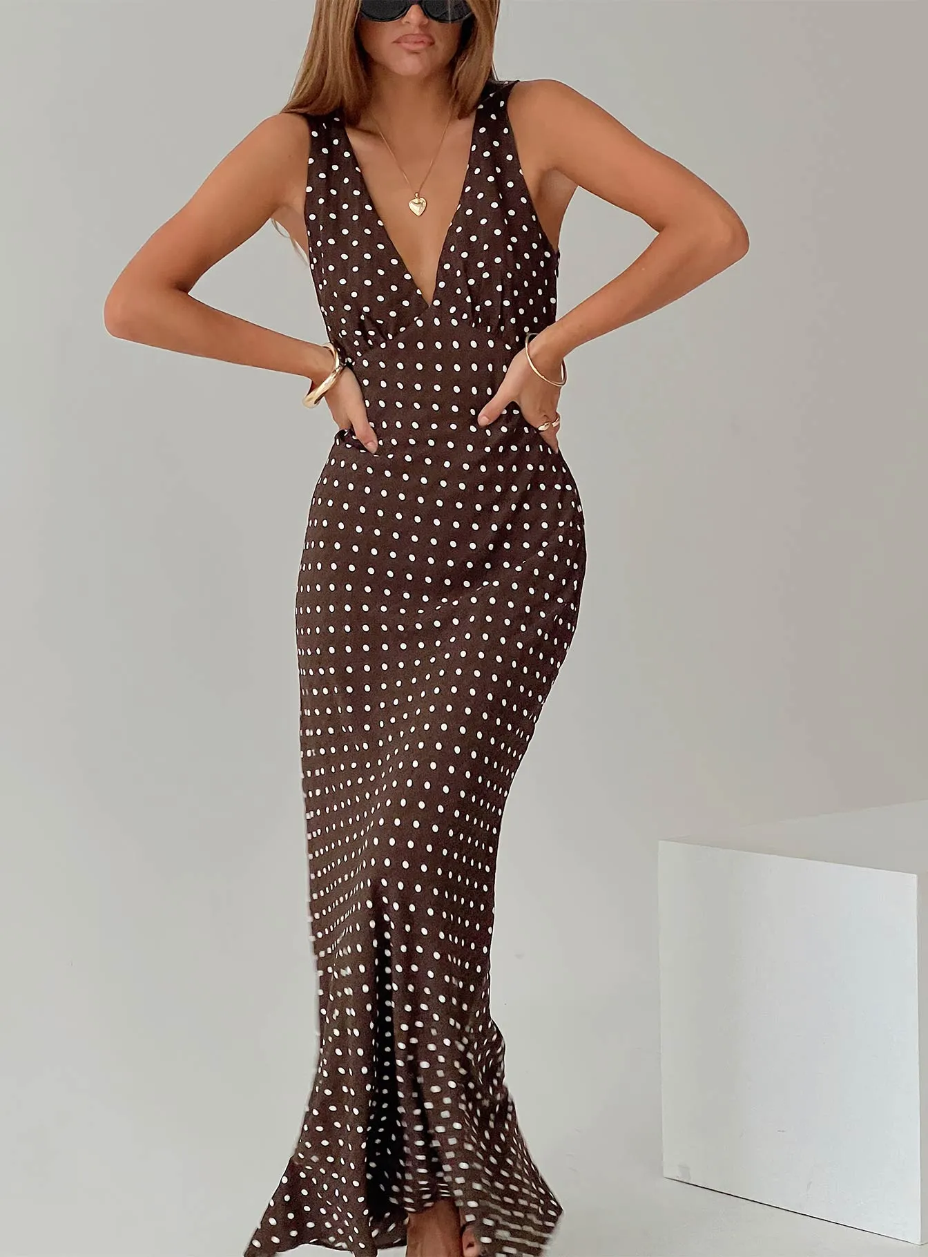 Nellie Maxi Dress Brown Polka Dot sold by Princess Polly