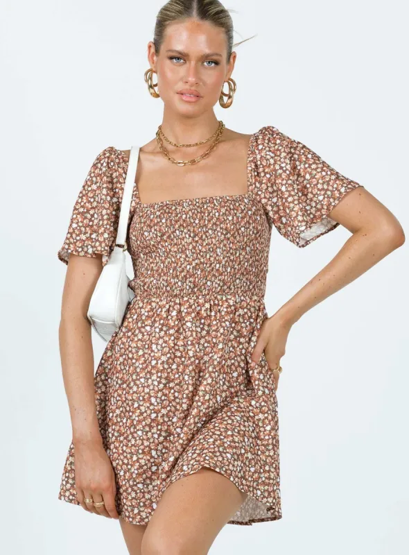 Summer Nights Mini Dress Brown Floral sold by Princess Polly