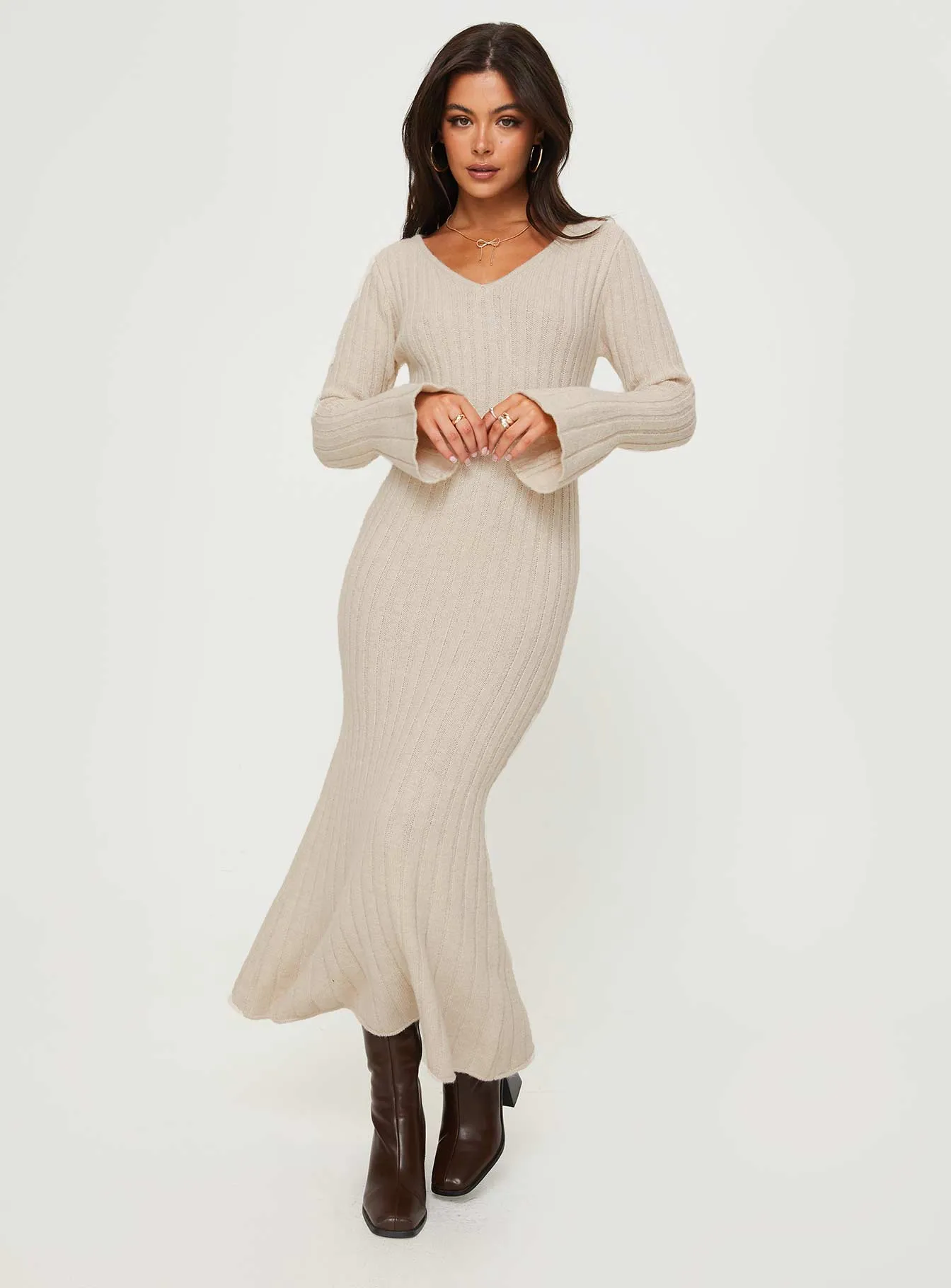 Larne Long Sleeve Maxi Dress Beige sold by Princess Polly