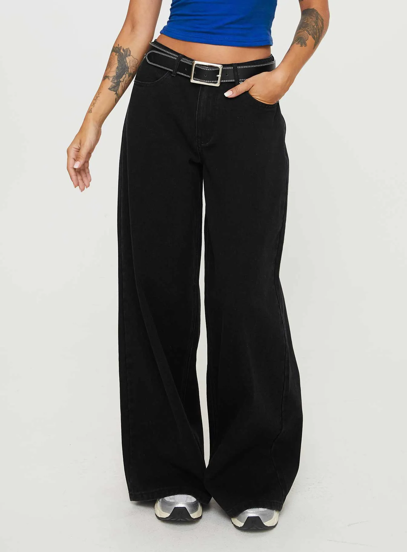 Naylor Mid Rise Wide Leg Jeans Washed Black Denim Petite sold by Princess Polly product image thumbnail 2