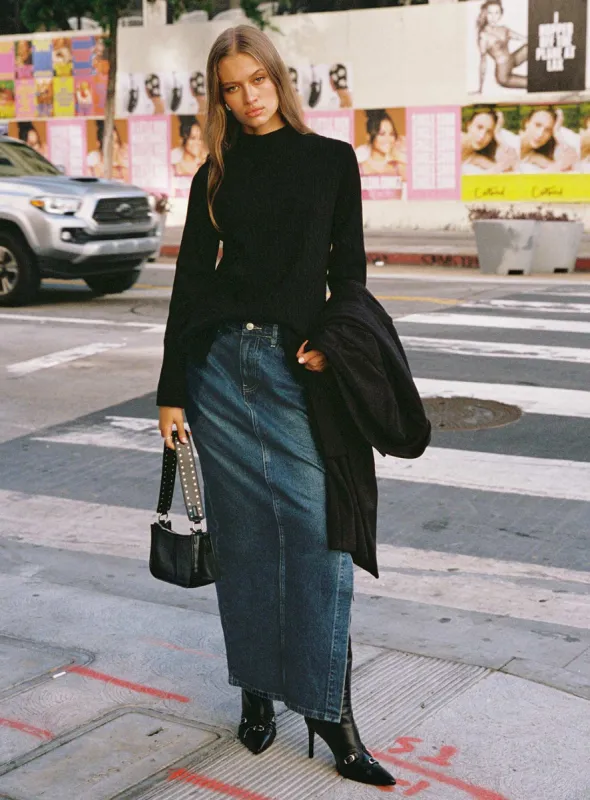 Orillia Denim Midi Skirt Dark Wash sold by Princess Polly