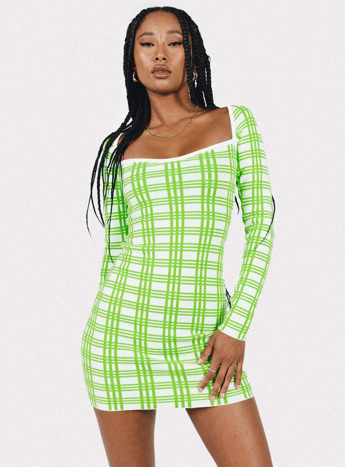 Sybil Long Sleeve Mini Dress Green / White sold by Princess Polly