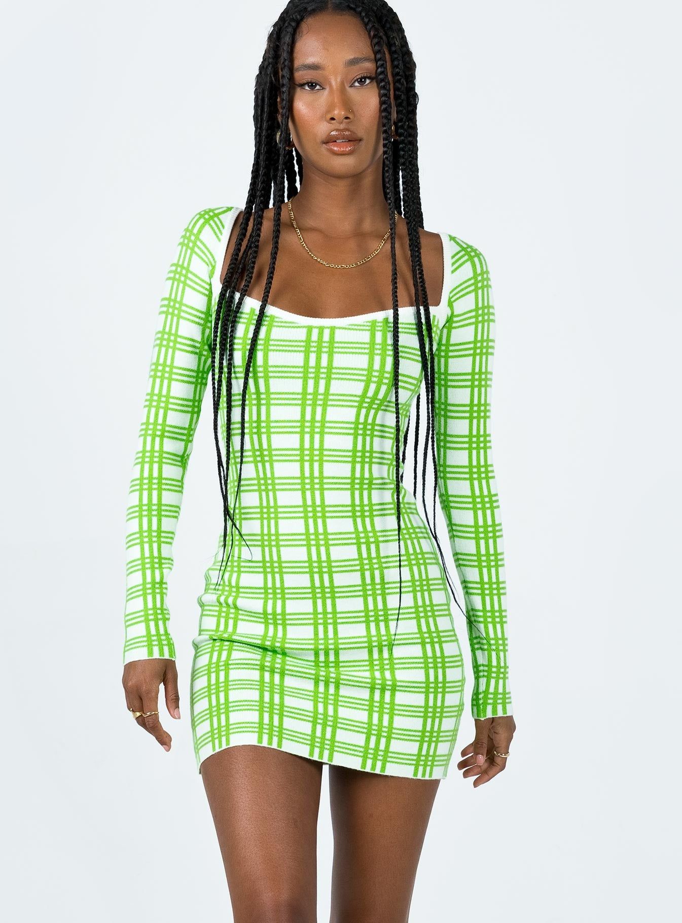 Sybil Long Sleeve Mini Dress Green / White sold by Princess Polly product image thumbnail 2