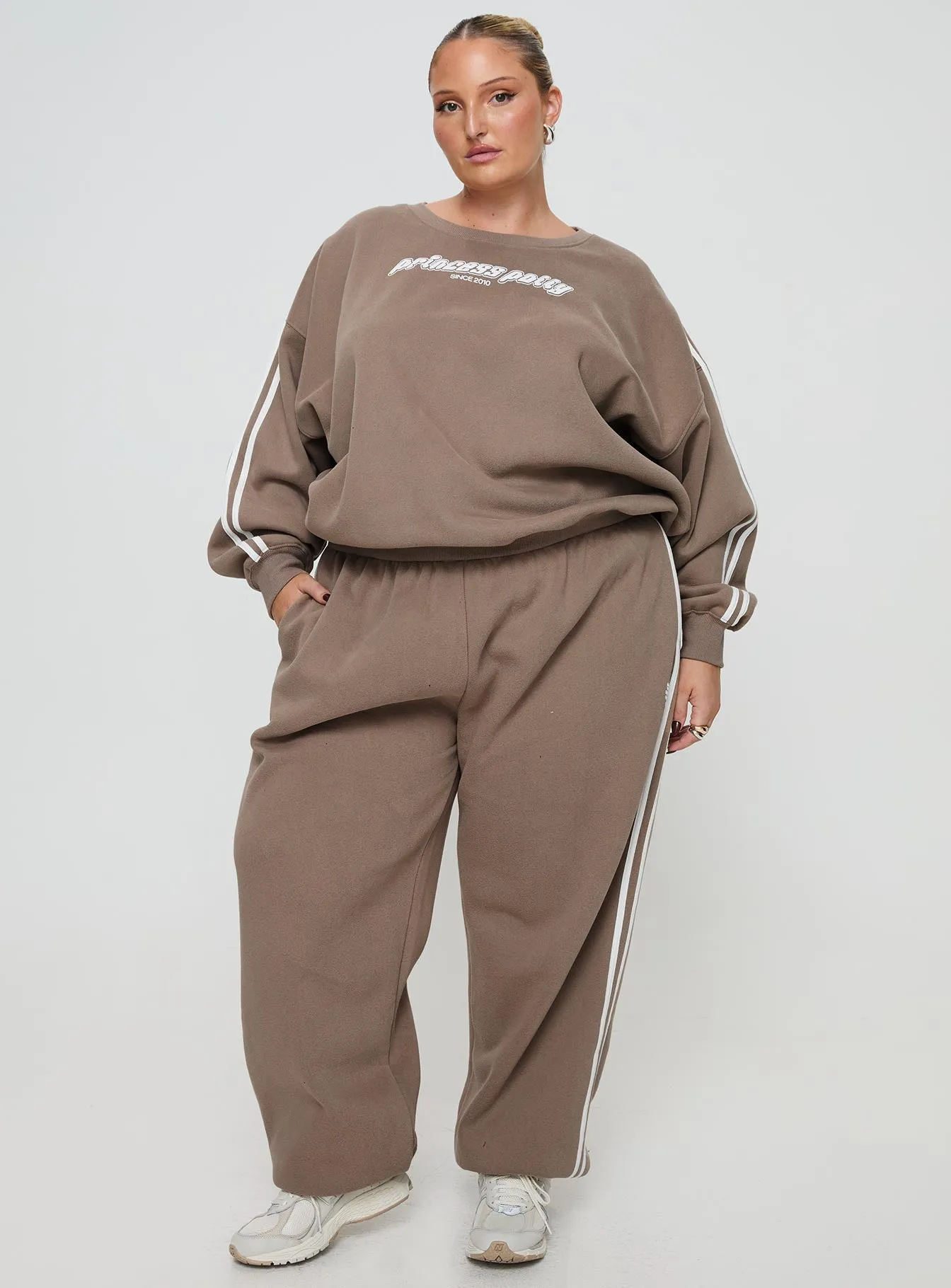 Princess Polly Crew Neck Sweatshirt Stripe Taupe / White Curve sold by Princess Polly product image thumbnail 3