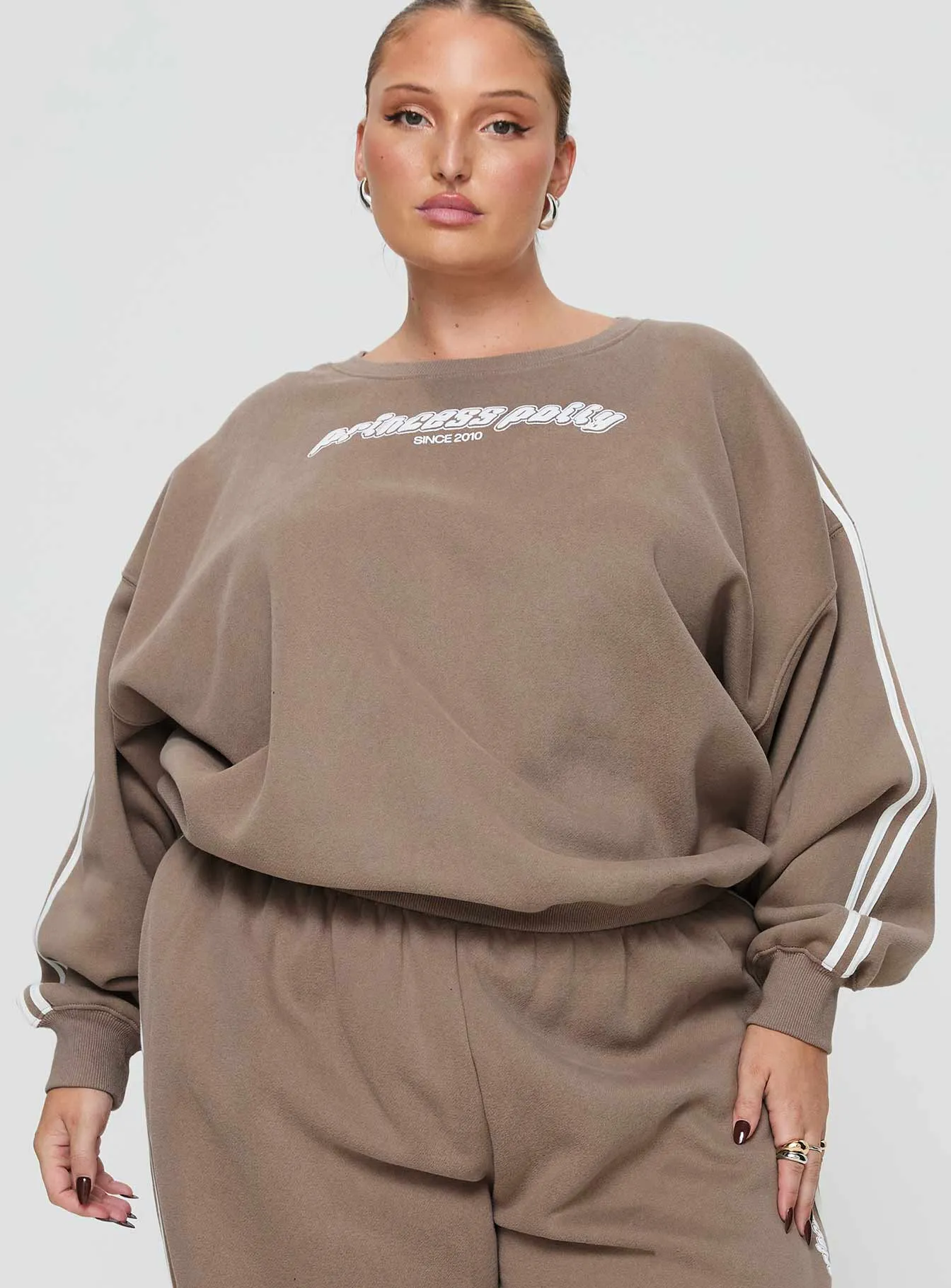 Princess Polly Crew Neck Sweatshirt Stripe Taupe / White Curve sold by Princess Polly product image thumbnail 2