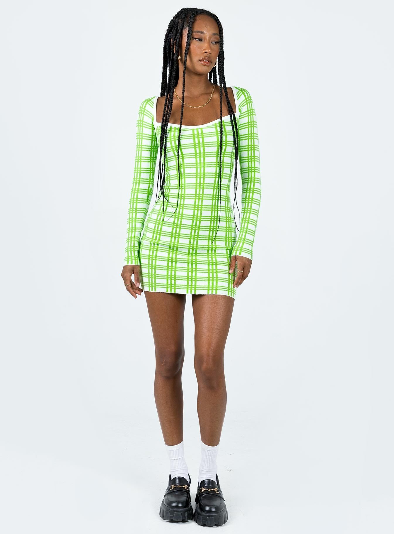 Sybil Long Sleeve Mini Dress Green / White sold by Princess Polly product image thumbnail 3