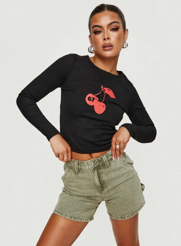 Cherries & Cream Long Sleeve Top Black sold by Princess Polly