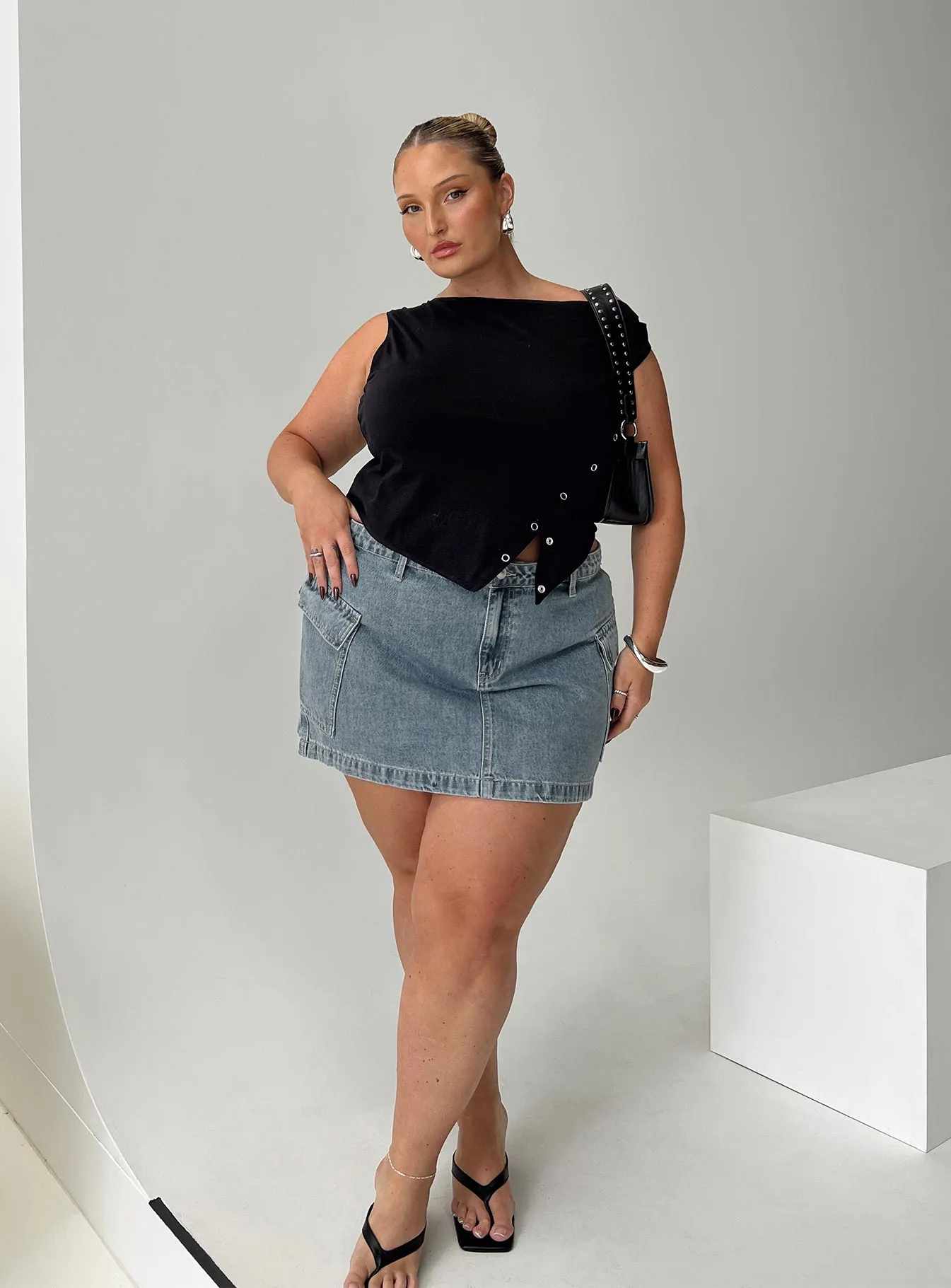 Zakai Cargo Denim Mini Skirt Light Blue Denim Curve sold by Princess Polly