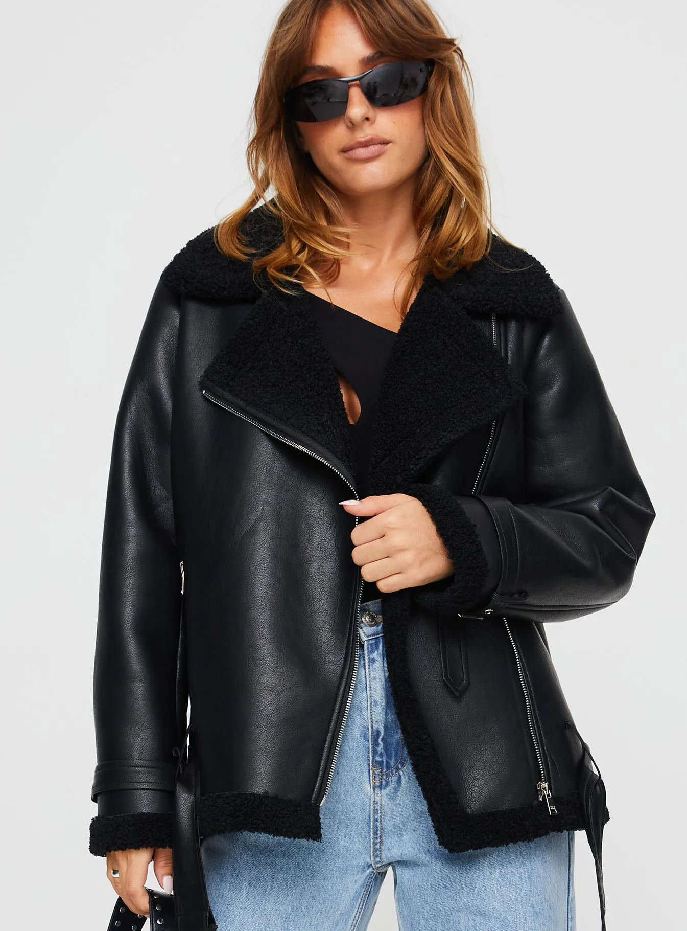 Maudie Shearling Faux Leather Jacket Black sold by Princess Polly product image thumbnail 4